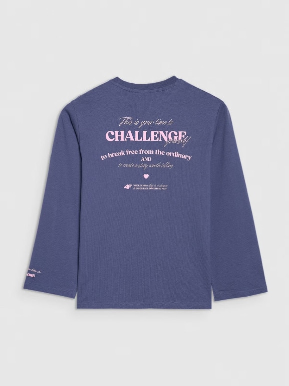 Dziewczęcy longsleeve z nadrukiem 4F 4FJRAW25TLONF589 - granatowy