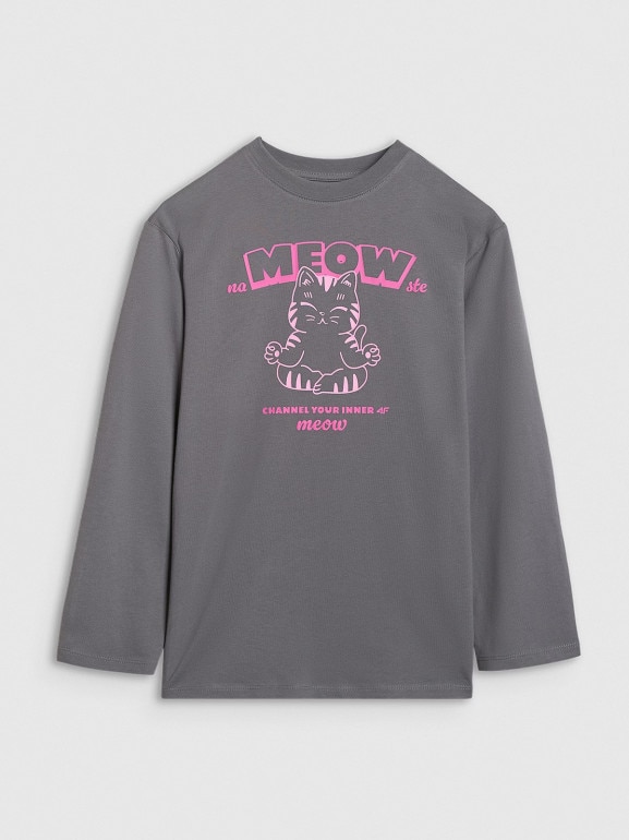 Dziewczęcy longsleeve z nadrukiem 4F 4FJRAW25TLONF591 - szary