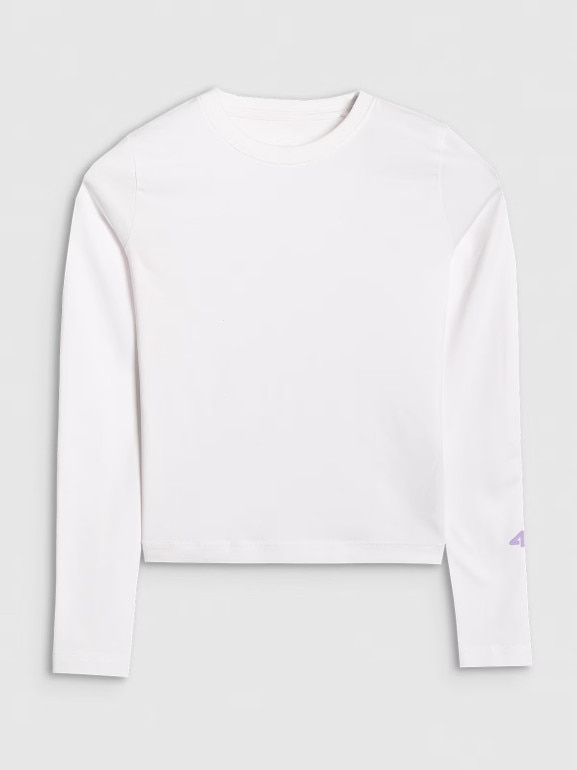 Dziewczęcy longsleeve bez nadruku 4F 4FJRAW25TLONF603 - biały