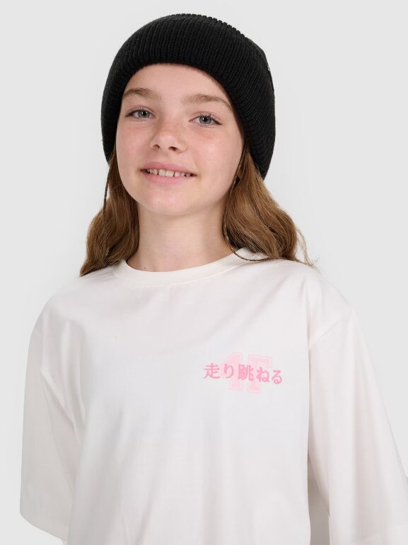 Dziewczęcy t-shirt oversize z nadrukiem 4F 4FJRAW25TTSHF2935 - biały