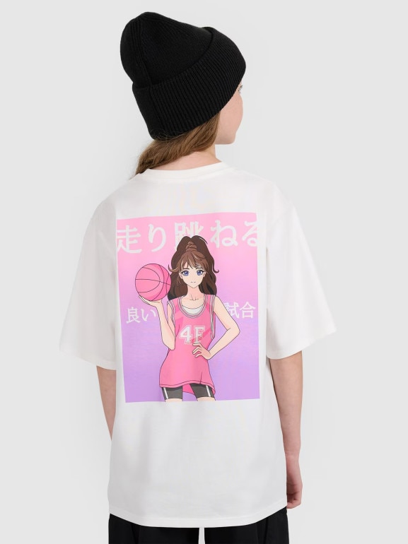 Dziewczęcy t-shirt oversize z nadrukiem 4F 4FJRAW25TTSHF2935 - biały