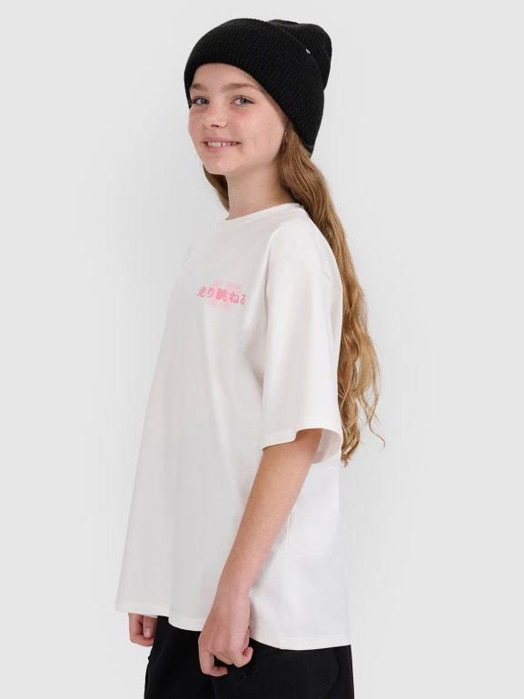 Dziewczęcy t-shirt oversize z nadrukiem 4F 4FJRAW25TTSHF2935 - biały