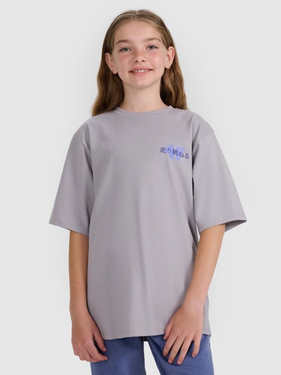 Dziewczęcy t-shirt oversize z nadrukiem 4F 4FJRAW25TTSHF2935 - szary