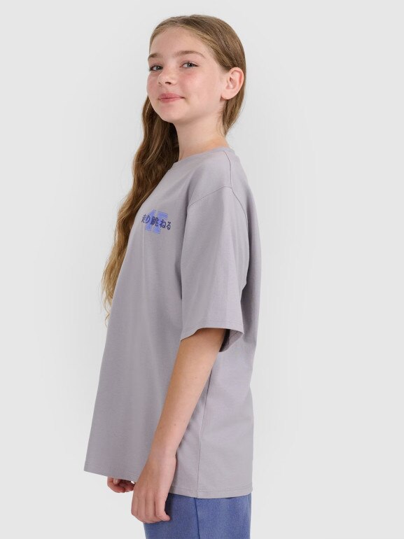Dziewczęcy t-shirt oversize z nadrukiem 4F 4FJRAW25TTSHF2935 - szary