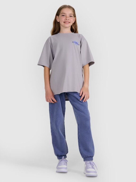 Dziewczęcy t-shirt oversize z nadrukiem 4F 4FJRAW25TTSHF2935 - szary