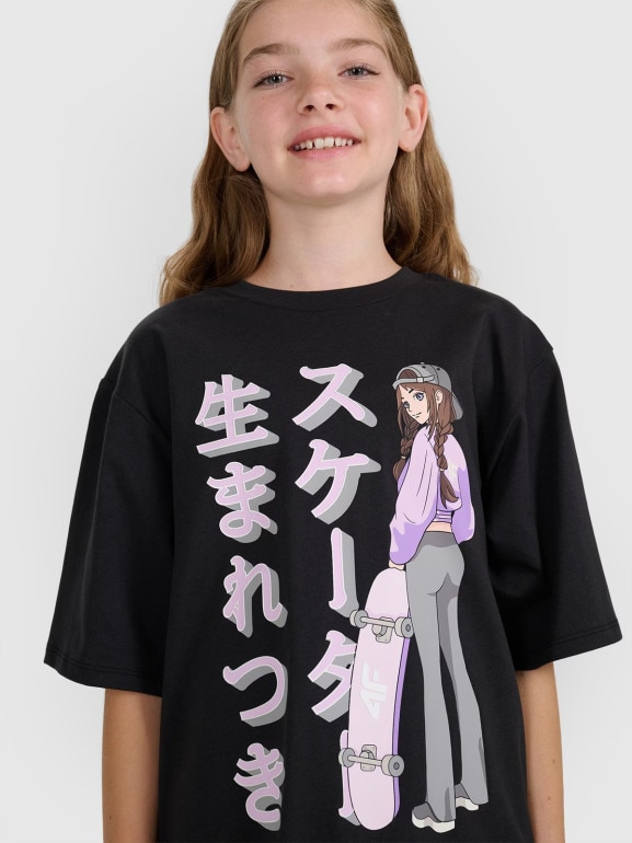Dziewczęcy t-shirt oversize z nadrukiem 4F 4FJRAW25TTSHF2936 - czarny