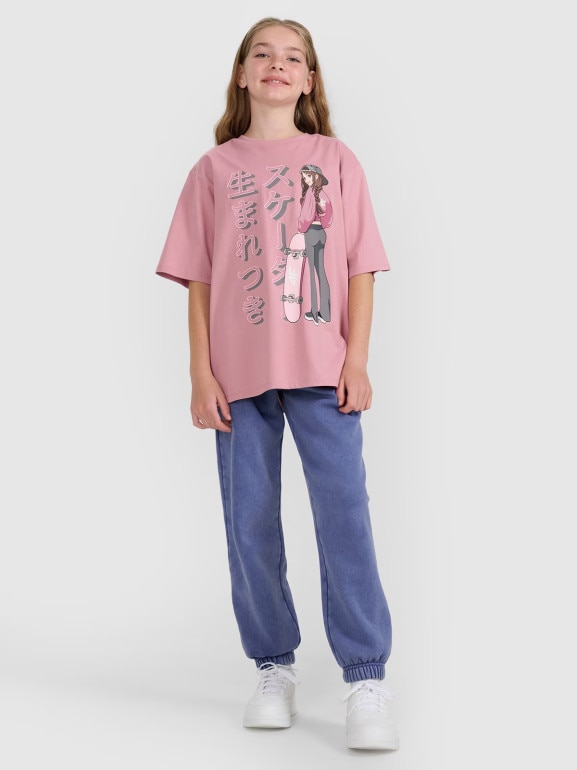 Dziewczęcy t-shirt oversize z nadrukiem 4F 4FJRAW25TTSHF2936 - różowy
