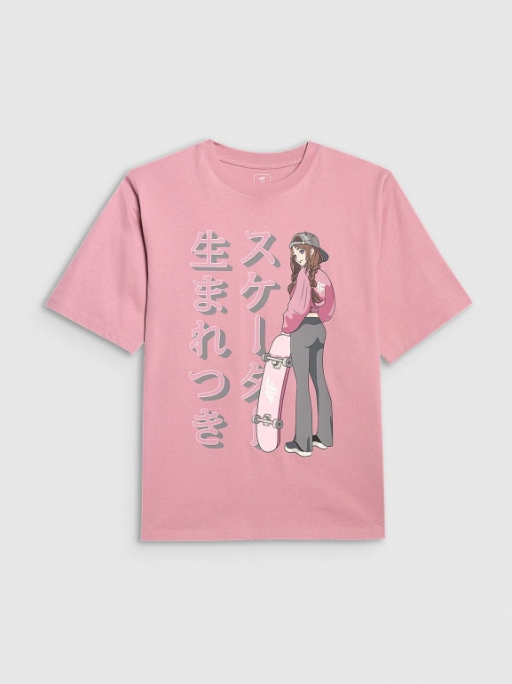 Dziewczęcy t-shirt oversize z nadrukiem 4F 4FJRAW25TTSHF2936 - różowy