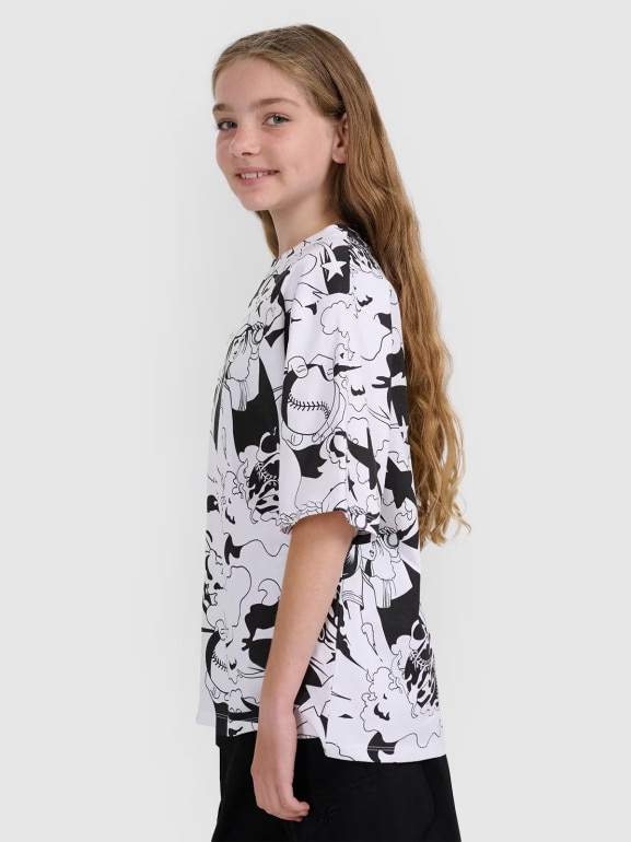 Dziewczęcy t-shirt oversize z nadrukiem 4F 4FJRAW25TTSHF3069 - biały