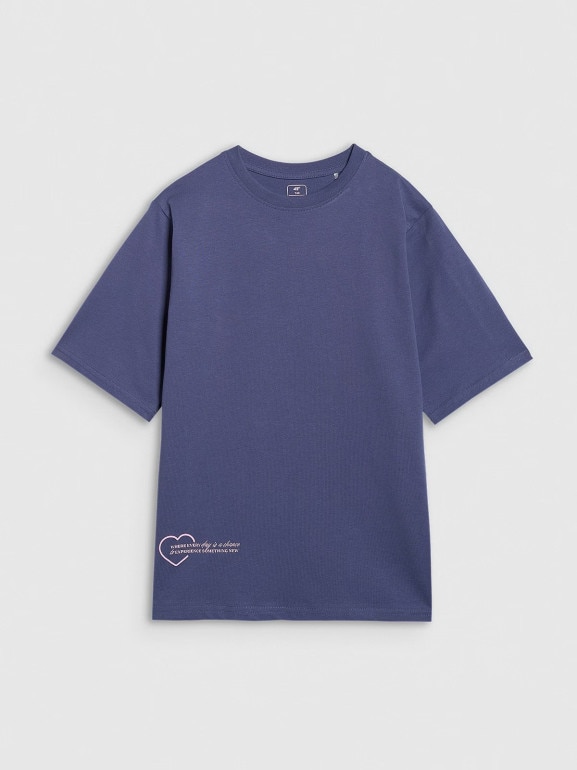 Dziewczęcy t-shirt oversize z nadrukiem 4F 4FJRAW25TTSHF3187 - granatowy
