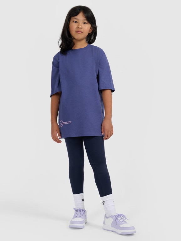 Dziewczęcy t-shirt oversize z nadrukiem 4F 4FJRAW25TTSHF3187 - granatowy
