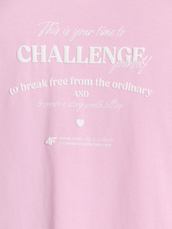 Dziewczęcy t-shirt oversize z nadrukiem 4F 4FJRAW25TTSHF3187 - różowy