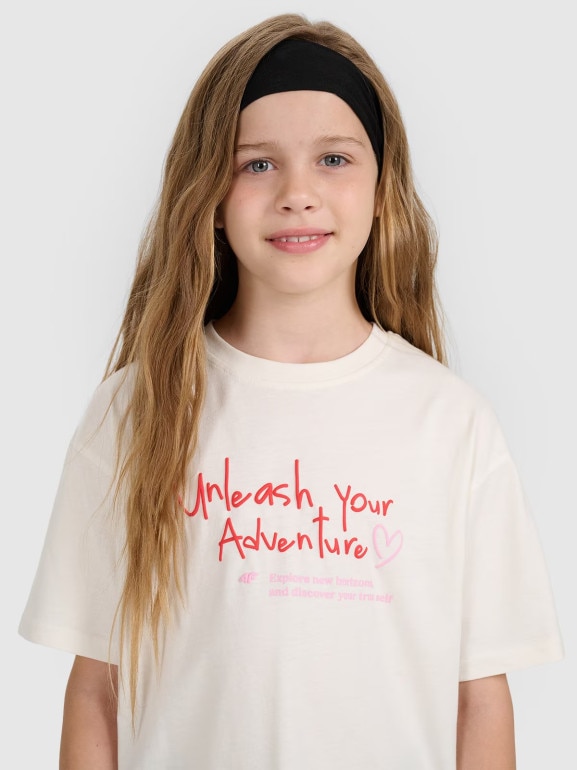 Dziewczęcy t-shirt z nadrukiem 4F 4FJRAW25TTSHF3188 - biały