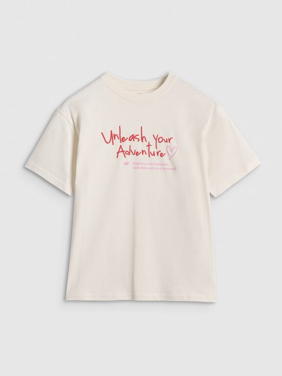 Dziewczęcy t-shirt z nadrukiem 4F 4FJRAW25TTSHF3188 - biały