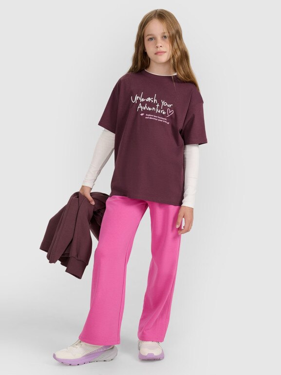 Dziewczęcy t-shirt z nadrukiem 4F 4FJRAW25TTSHF3188 - fioletowy