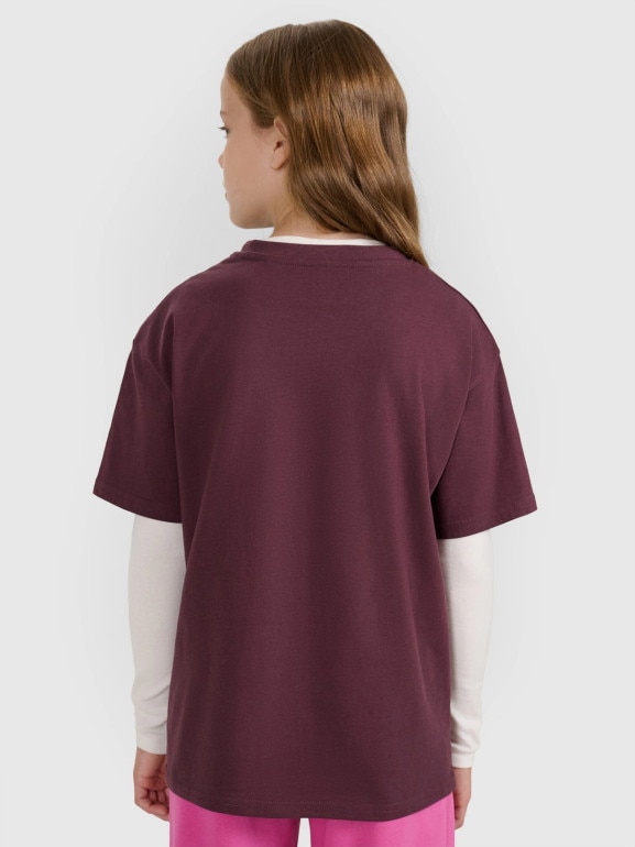 Dziewczęcy t-shirt z nadrukiem 4F 4FJRAW25TTSHF3188 - fioletowy