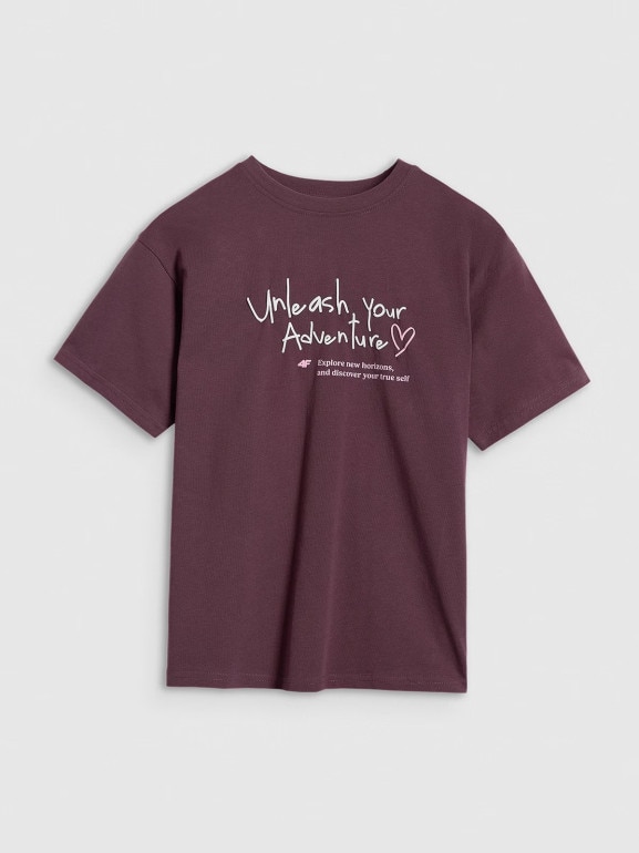 Dziewczęcy t-shirt z nadrukiem 4F 4FJRAW25TTSHF3188 - fioletowy