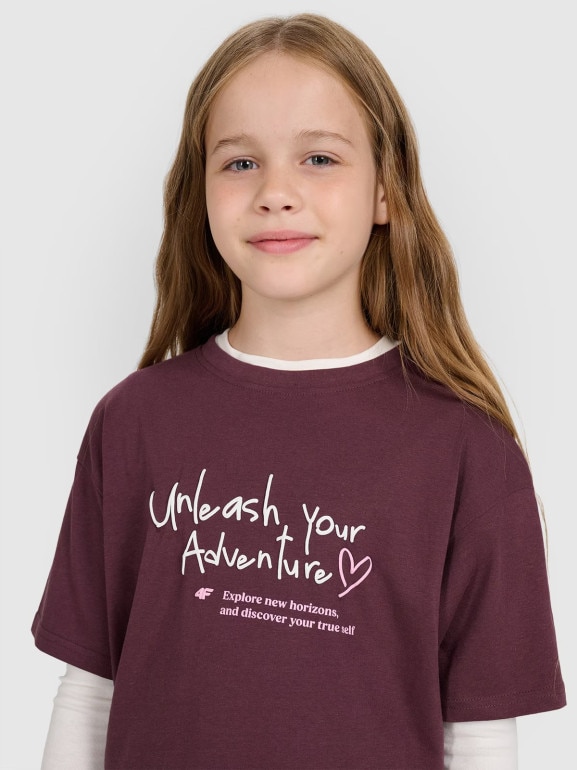 Dziewczęcy t-shirt z nadrukiem 4F 4FJRAW25TTSHF3188 - fioletowy