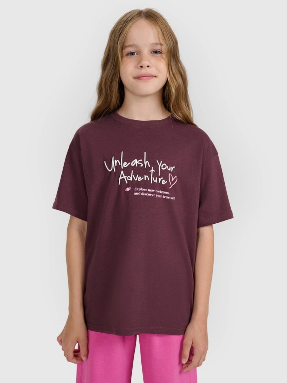 Dziewczęcy t-shirt z nadrukiem 4F 4FJRAW25TTSHF3188 - fioletowy
