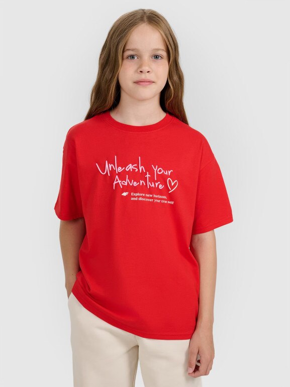 Dziewczęcy t-shirt z nadrukiem 4F 4FJRAW25TTSHF3188 - czerwony