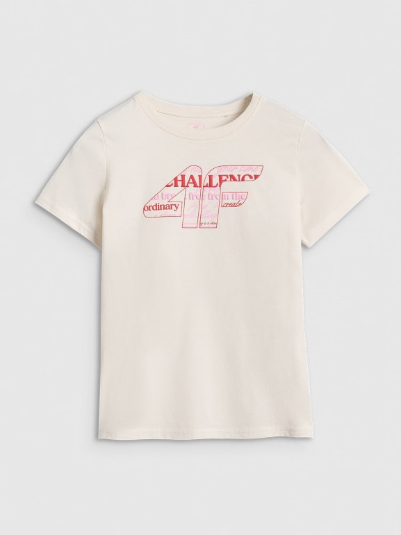Dziewczęcy t-shirt z nadrukiem 4F 4FJRAW25TTSHF3189-11S - biały