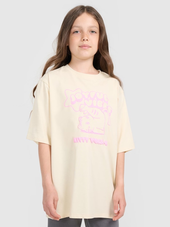 Dziewczęcy t-shirt oversize z nadrukiem 4F 4FJRAW25TTSHF3197 - beżowy