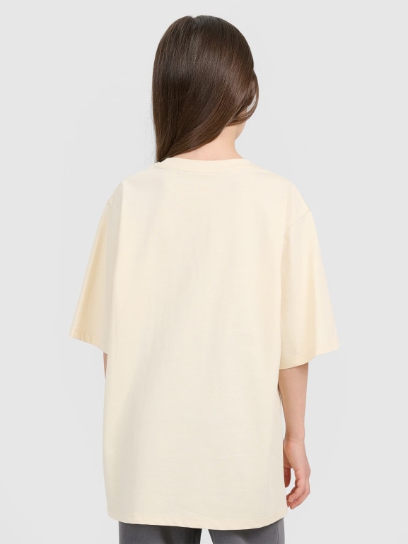 Dziewczęcy t-shirt oversize z nadrukiem 4F 4FJRAW25TTSHF3197 - beżowy