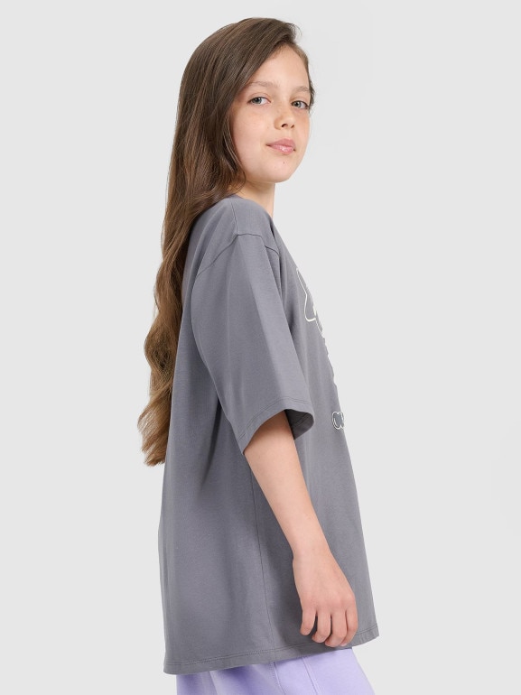 Dziewczęcy t-shirt oversize z nadrukiem 4F 4FJRAW25TTSHF3197 - szary