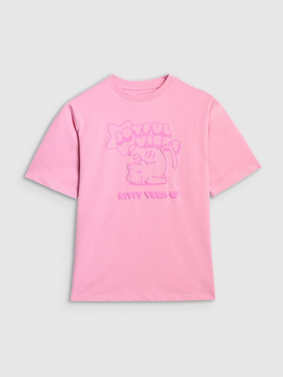 Dziewczęcy t-shirt oversize z nadrukiem 4F 4FJRAW25TTSHF3197 - różowy