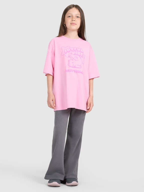 Dziewczęcy t-shirt oversize z nadrukiem 4F 4FJRAW25TTSHF3197 - różowy