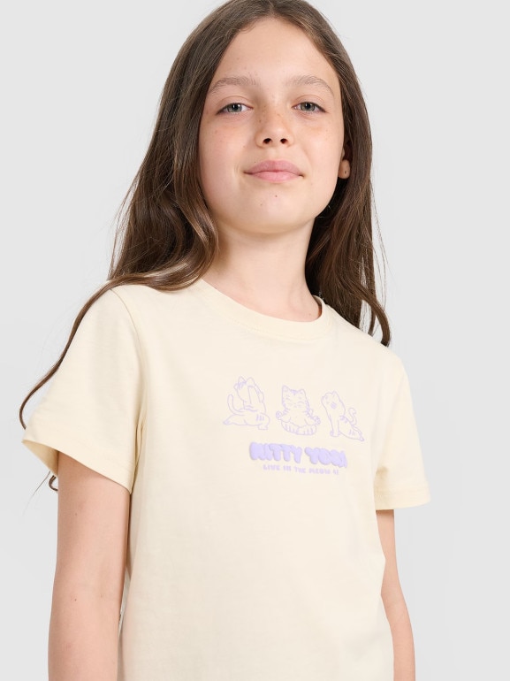 Dziewczęcy t-shirt z nadrukiem 4F 4FJRAW25TTSHF3198 - żółty