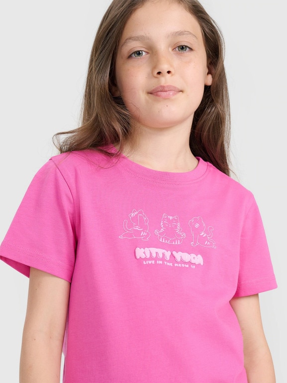 Dziewczęcy t-shirt z nadrukiem 4F 4FJRAW25TTSHF3198 - różowy