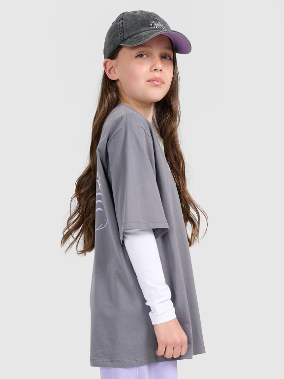 Dziewczęcy t-shirt oversize z nadrukiem 4F 4FJRAW25TTSHF3200 - szary