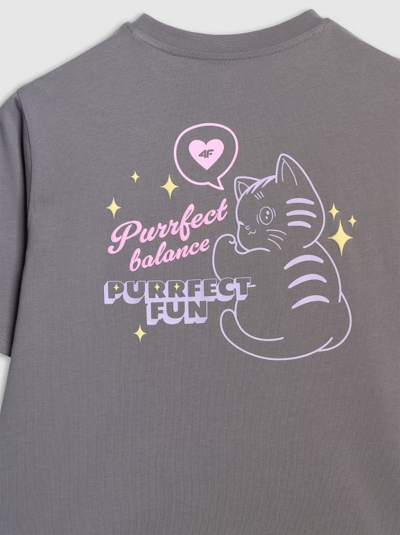 Dziewczęcy t-shirt oversize z nadrukiem 4F 4FJRAW25TTSHF3200 - szary