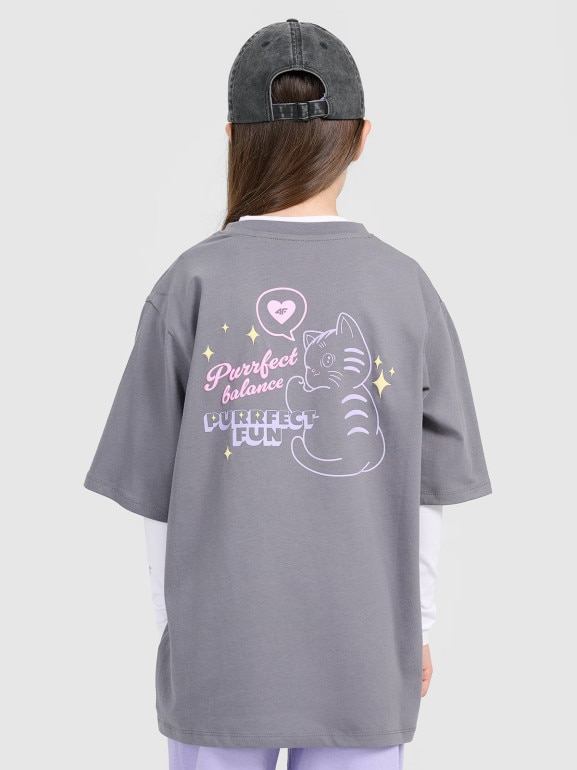 Dziewczęcy t-shirt oversize z nadrukiem 4F 4FJRAW25TTSHF3200 - szary