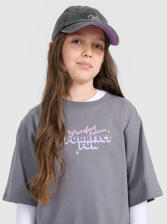 Dziewczęcy t-shirt oversize z nadrukiem 4F 4FJRAW25TTSHF3200 - szary