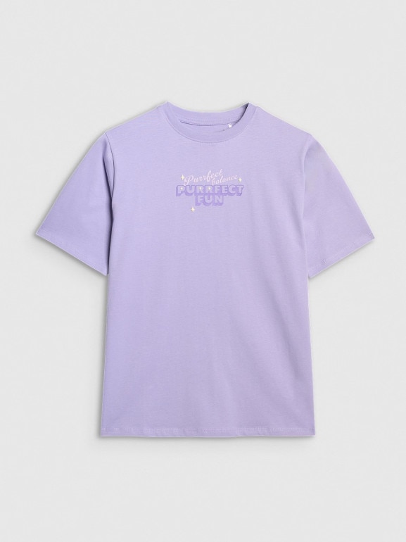 Dziewczęcy t-shirt oversize z nadrukiem 4F 4FJRAW25TTSHF3200 - fioletowy