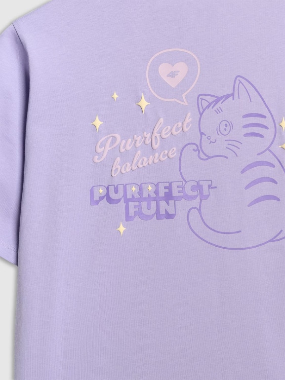 Dziewczęcy t-shirt oversize z nadrukiem 4F 4FJRAW25TTSHF3200 - fioletowy