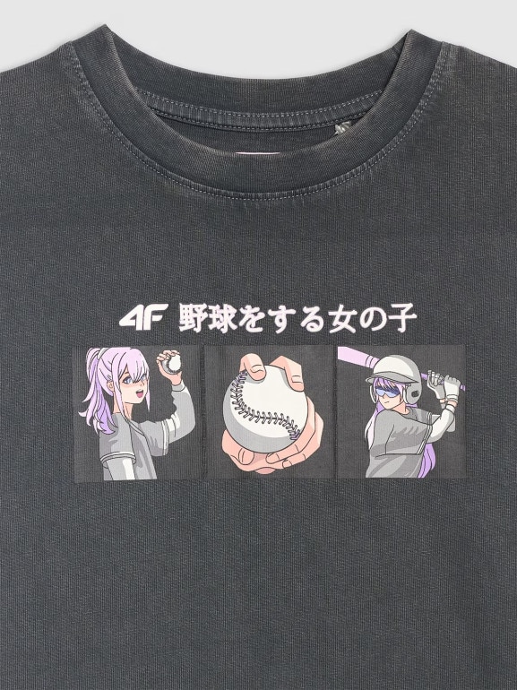 Dziewczęcy t-shirt z nadrukiem 4F 4FJRAW25TTSHF3291 - szary