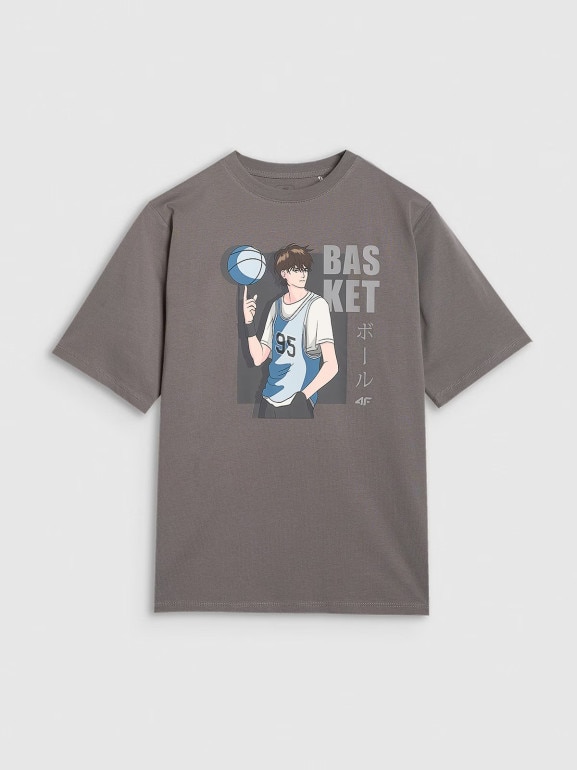 Chłopięcy t-shirt oversize z nadrukiem 4F 4FJRAW25TTSHM3062 - szary