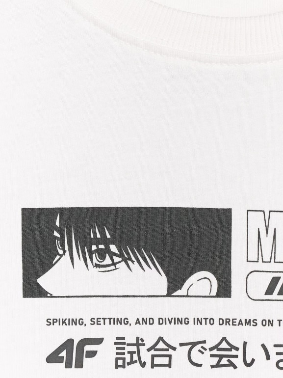 Chłopięcy t-shirt oversize z nadrukiem 4F 4FJRAW25TTSHM3065 - biały