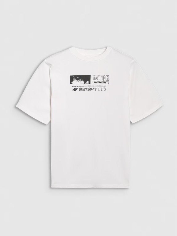 Chłopięcy t-shirt oversize z nadrukiem 4F 4FJRAW25TTSHM3065 - biały