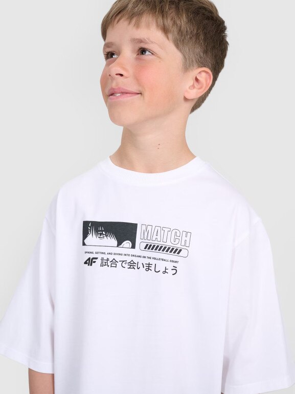 Chłopięcy t-shirt oversize z nadrukiem 4F 4FJRAW25TTSHM3065 - biały