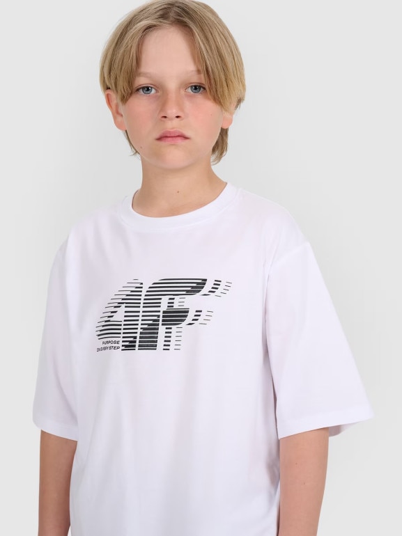Chłopięcy t-shirt z nadrukiem 4F 4FJRAW25TTSHM3165 - biały