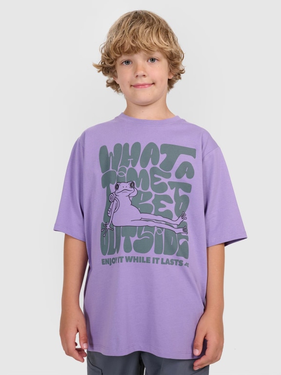 Chłopięcy t-shirt oversize z nadrukiem 4F 4FJRAW25TTSHM3207 - fioletowy