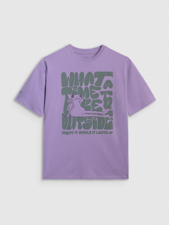 Chłopięcy t-shirt oversize z nadrukiem 4F 4FJRAW25TTSHM3207 - fioletowy