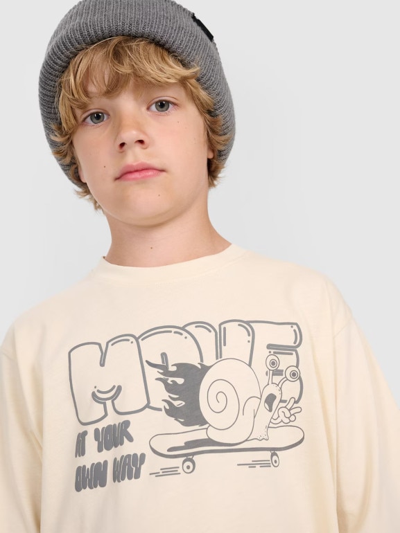 Chłopięcy t-shirt oversize z nadrukiem 4F 4FJRAW25TTSHM3208 - beżowy