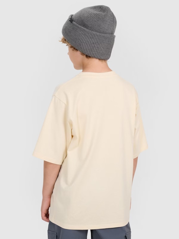 Chłopięcy t-shirt oversize z nadrukiem 4F 4FJRAW25TTSHM3208 - beżowy