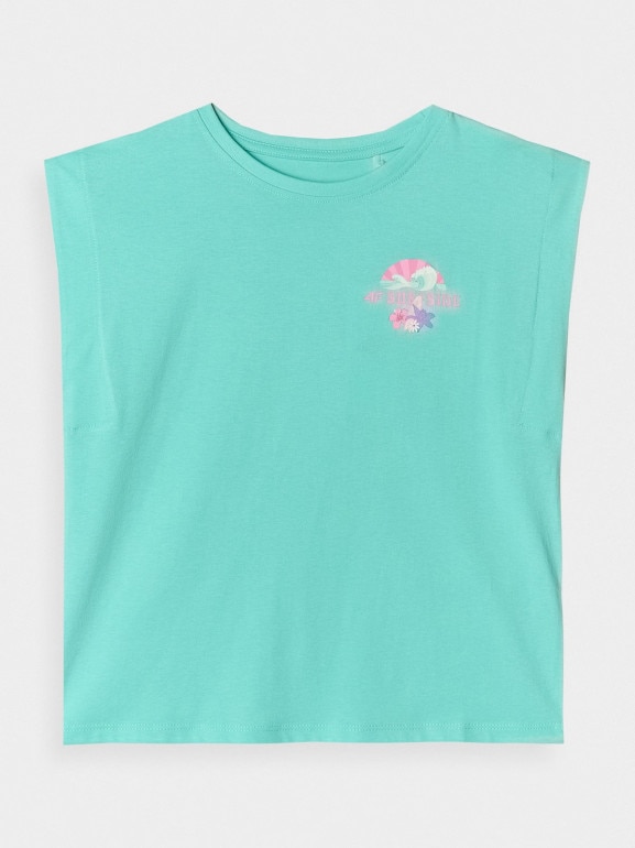 Dziewczęcy top z nadrukiem 4F 4FJRSS24TTSHF2052 - turkusowy