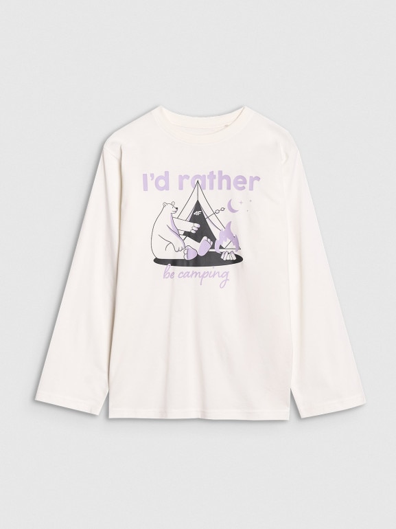Dziewczęcy longsleeve z nadrukiem 4F 4FJRSS25TLONF542 - biały